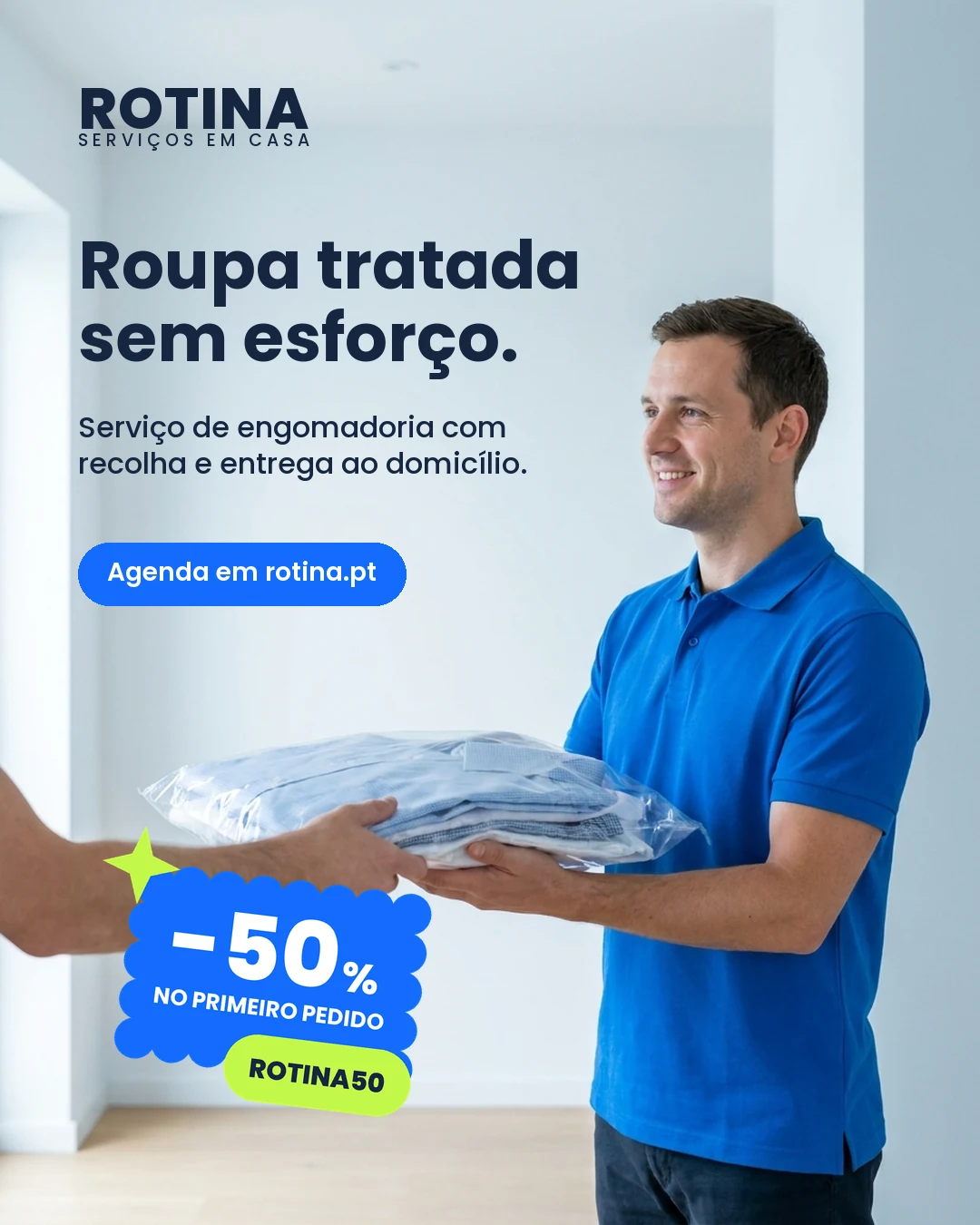 An ironing service ad: a man handing over a garment bag at a door, the headline and subhead in the same colour and weight, separated only by size.