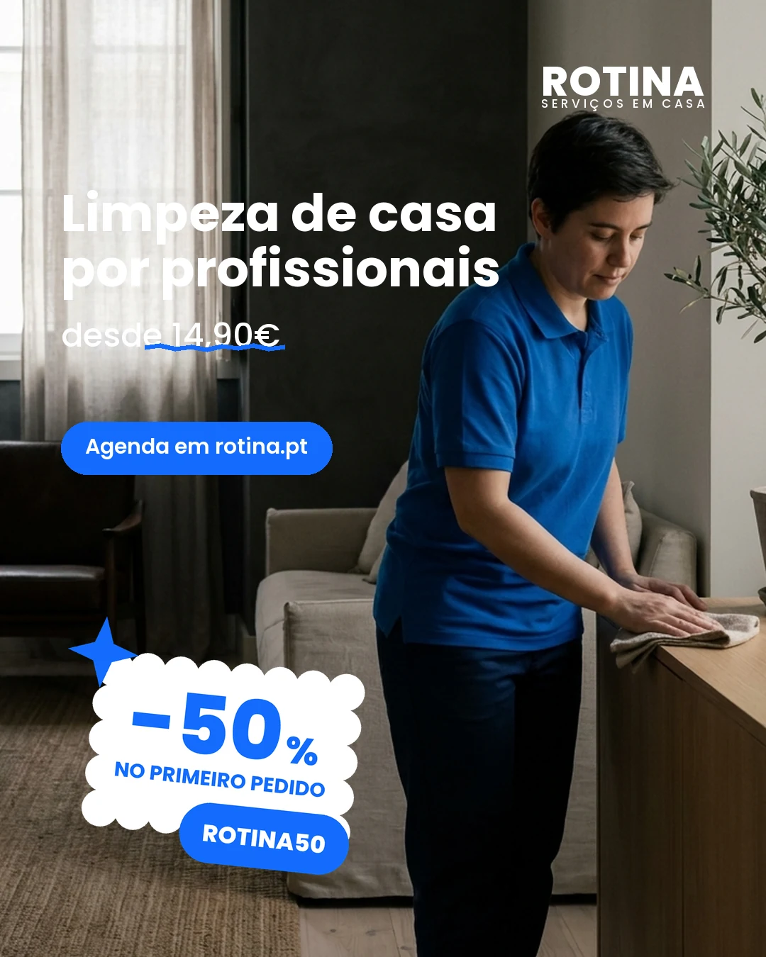 Cleaning campaign, 10 July: white headline over the brightest part of the photograph, a large white discount sticker below the button.