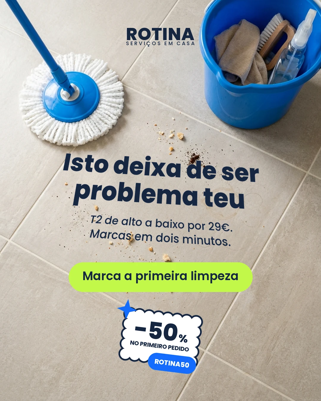 Cleaning campaign, 18 August: headline laid into the floor plane pointing at photographed crumbs, a single lime button, sticker centred at the foot.